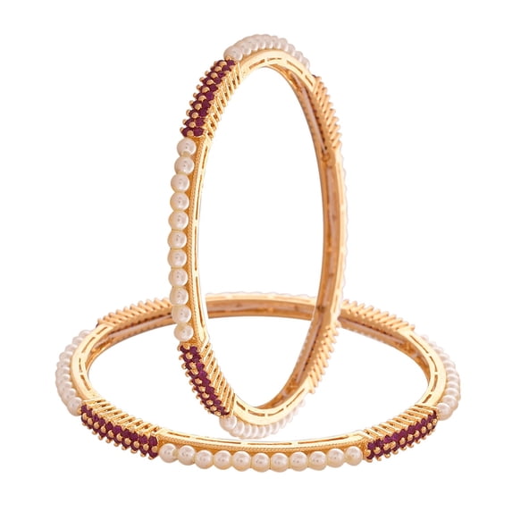 Ratnavali Jewels CZ Zirconia Gold Tone Red Diamond Pearl Elegant Sleek Bollywood Wedding Bangles Jewelry Women