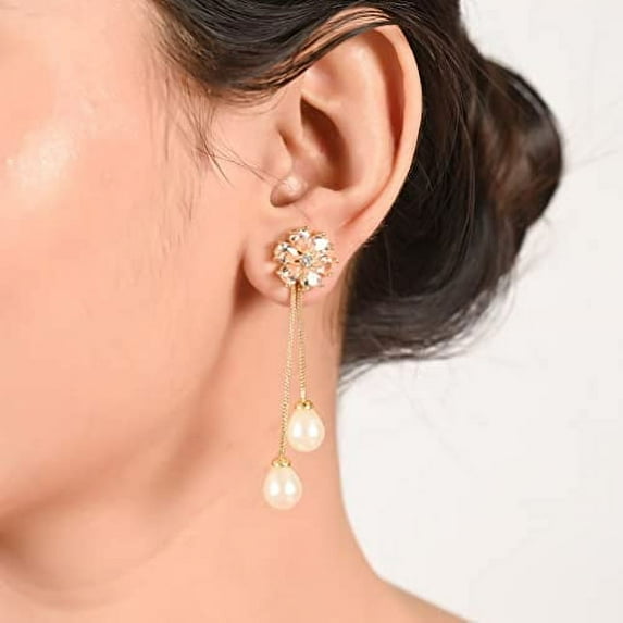 Ratnavali Jewels Cubic Zirconia Diamond Gold Plated Champagne Floral Stud Pearl Removeable Drop Earrings for Women