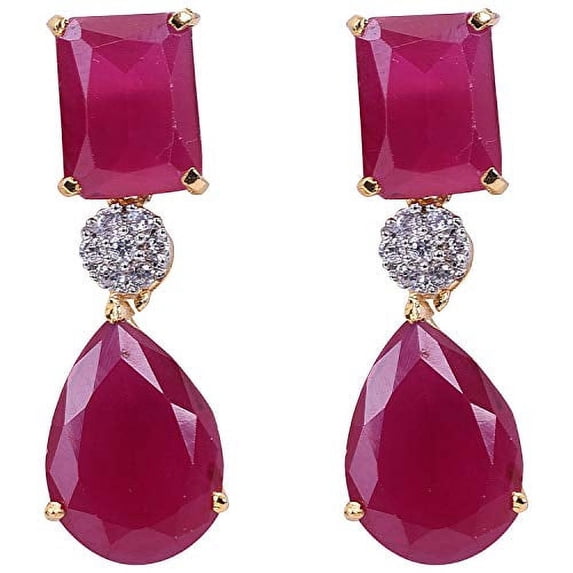 Ratnavali Jewels Cubic Zirconia Diamond Gold Plated Red Dangle Drop Earrings for Women, Girls