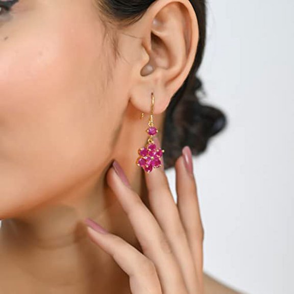 Ratnavali Jewels Cubic Zirconia Diamond Gold Plated Red Hanging Hook Drop Earrings for Women