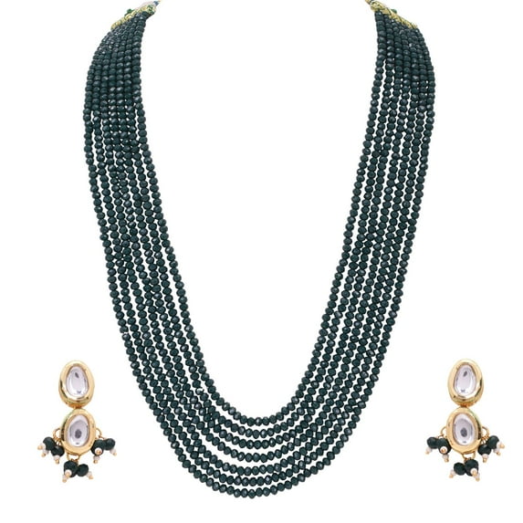Ratnavali Jewels Green Color 7 Line Crystal Beads Strand Jewelry Earrings Kundan Necklace Women