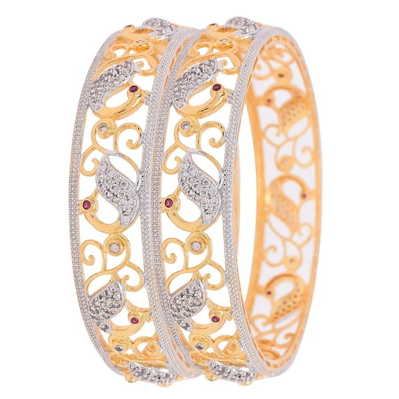 Ratnavali Jewels Indian Bangle Set CZ Cubic Zirconia Peacock style Brass Metal Kada Bracelet Jewelry for Women White Gold Tone