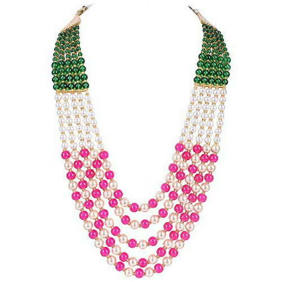 Ratnavali Jewels Pearl Green Multi Layer Strand Moti Mala Beads Party Wear Necklace Jewelry Women RVA647 (Pink)