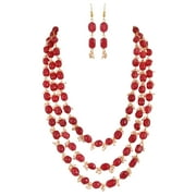 Ratnavali Jewels Red Quartz Golden Pearl Triple Layer Multi Strand Beads Stone Strand Fashion Necklace Women