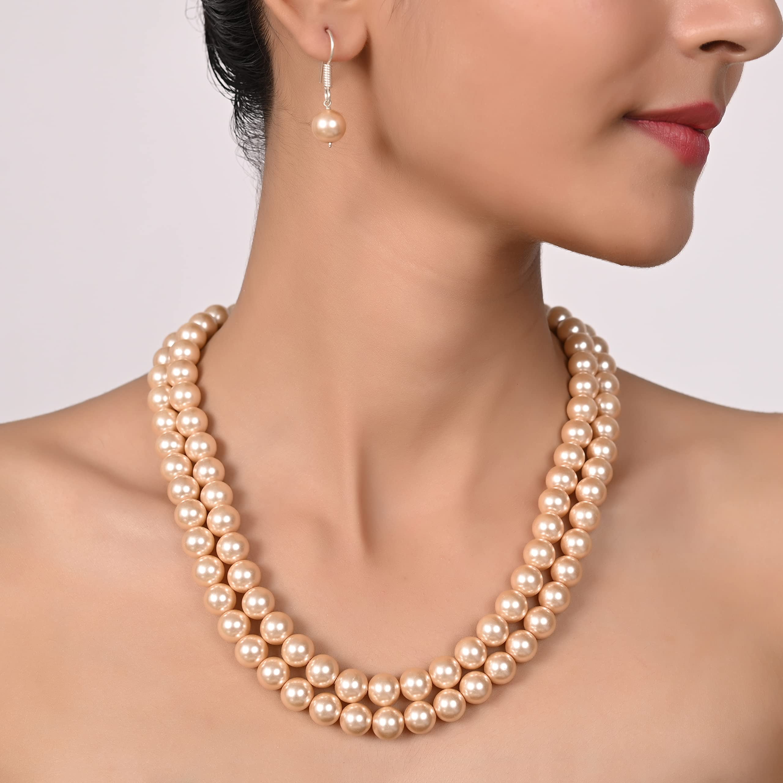 Ratnavali Jewels Shell Cultured 10mm Beige Pearl Double Strand Necklace for Women With Hook Earrings
