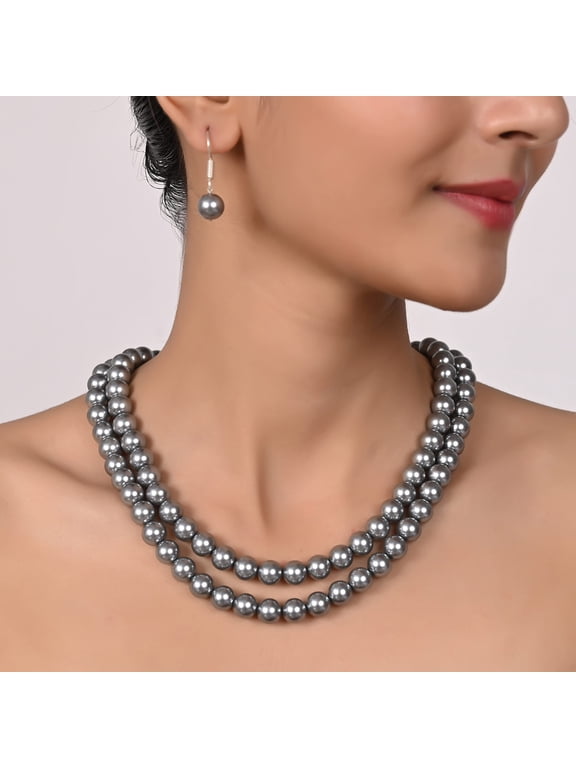 Shell Cultured 10mm Soft Grey Pearl Double Strand Necklace for Women With Hook Earrings