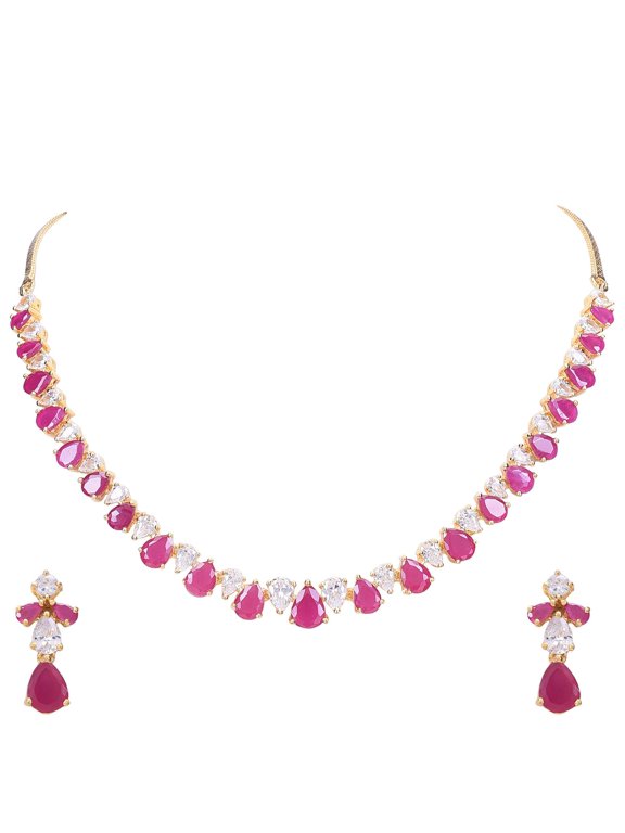 Women's Gold Tone Red Cubic Zirconia Single Line Necklace Earrings Set for Brides and Weddings