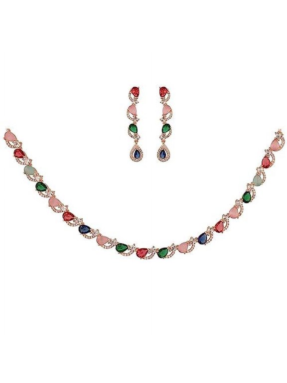 Women's Rose Gold Tone Multi Cubic Zirconia Single Line Pear Shape Sleek Necklace Earrings Set for Brides & Weddings.