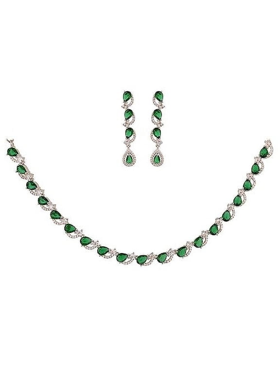 Women's Silver Tone Green Cubic Zirconia Single Line Pear Shape Sleek Necklace Earrings Set for Brides & Weddings.
