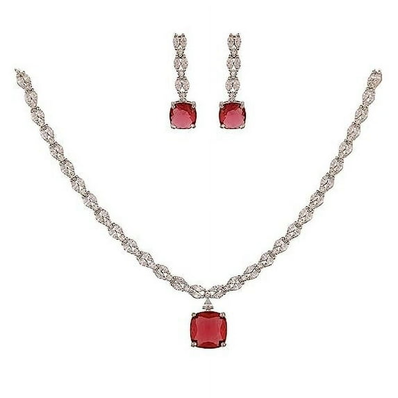 Ratnavali Jewels Women's Silver Tone Red Cubic Zirconia Necklace Earrings Set for Brides & Weddings.