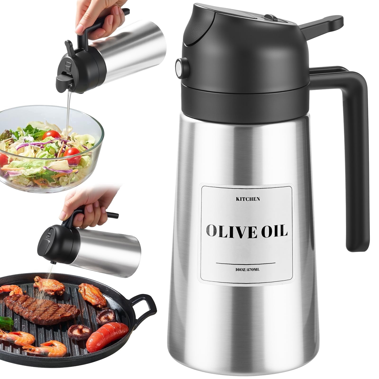 Ratrabas 16oz 2-in-1 Oil Dispenser & Sprayer, Stainless Steel Ceramic Interior, Cooking Oil Sprayer, Olive Oil Dispenser Bottle, Olive Oil Spray Bottle for Kitchen BBQ Air Fryer Baking (Black)