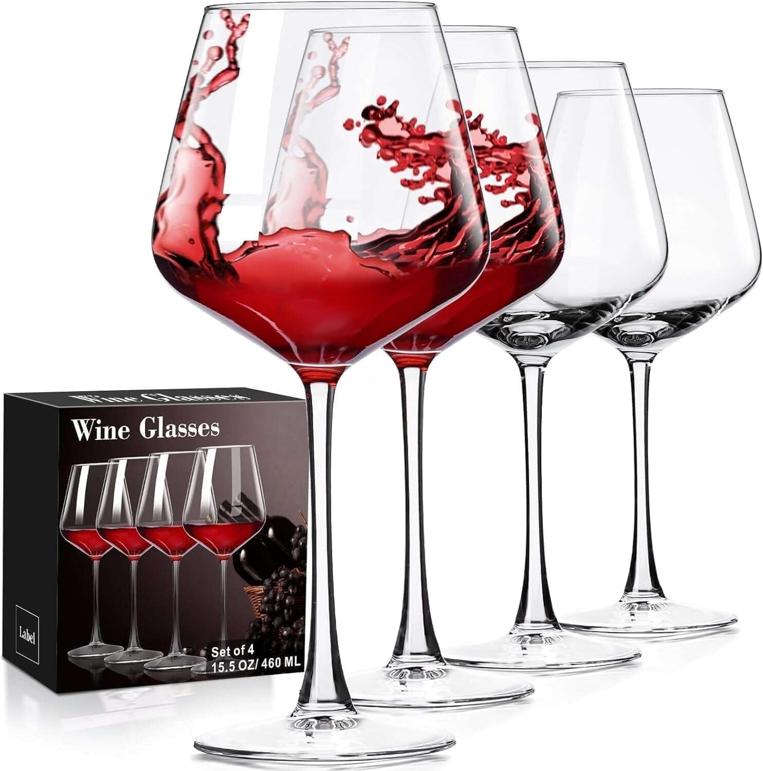 Ratrabas Wine Glasses Set of 4, Hand Blown White and Red Wine Glasses, Burgundy Wine Glass, Christmas Gifts, 16oz Red Wine Glasses for Women, Men, Wedding and B