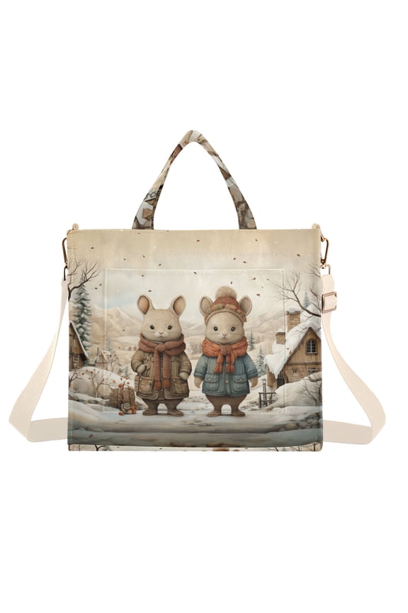 Rats Mouses Snow Houses Trees Corduroy Tote Bag Handbag Large Messenger Bag Shoulder Crossbody Zipper Bag Purse