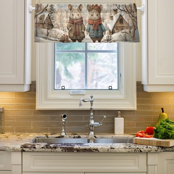 Rats Mouses Snow Houses Trees Curtain Valances Farmhouse Design Window Treatment Decor Blackout Rod Pocket for Windows Living Room Kitchen 54" x 18"