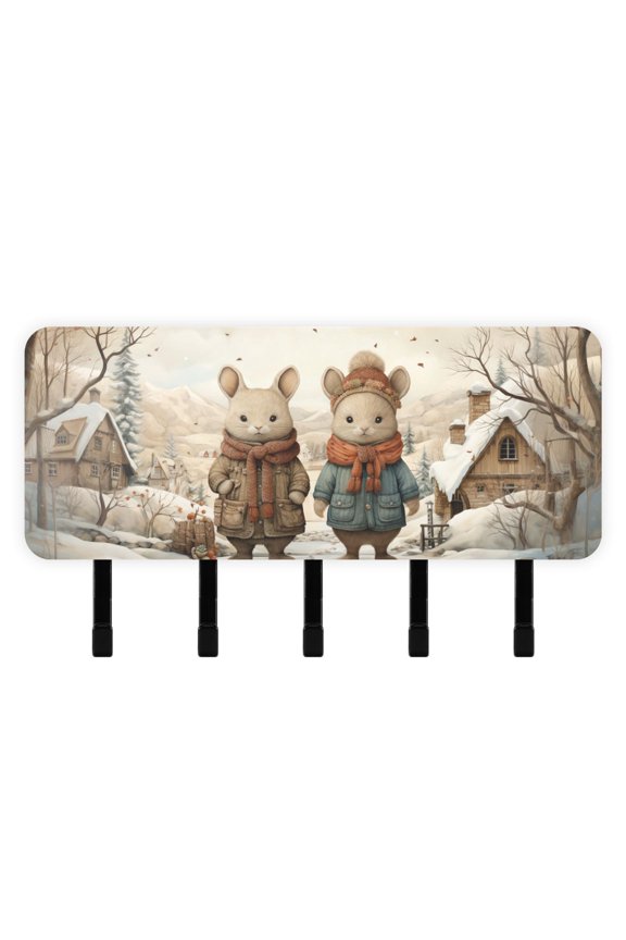 Rats Mouses Snow Houses Trees Mail Holder Organizer Wall Mount with Shelf Key Holder Key Rack with 5 Key Hooks for Wall Decorative