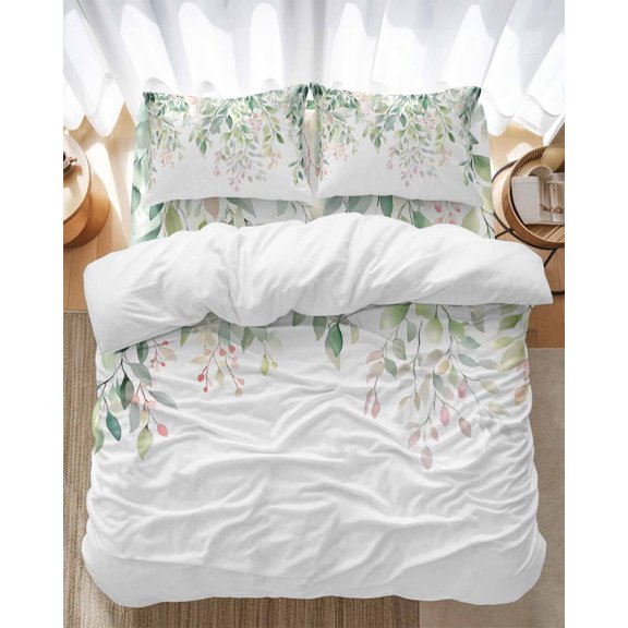Rattails Leaves Bedding Duvet Cover Set Full Size 4 Pieces Vines Branch Plants Gradient Watercolor Bedding Set with Zipper Closure, 1 Comforter Cover 86x86 Inches 1 Flat Sheet & 2 Pillow Cases