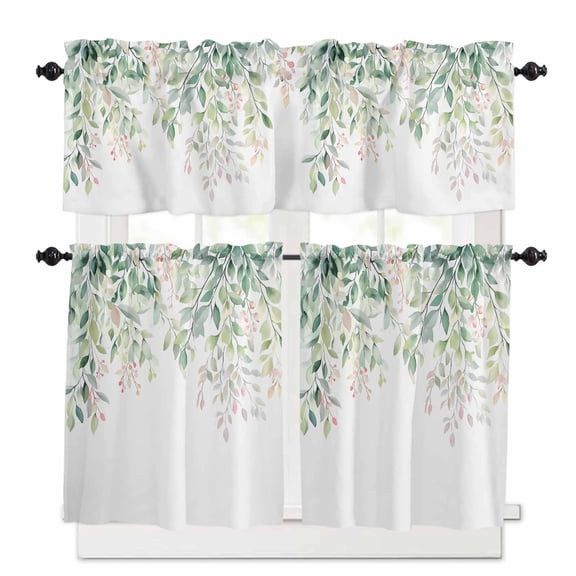 Rattails Leaves Kitchen Curtains Valances and Tiers Set of 3, 24 Inch Length Tier Curtains and Valance Rod Pocket Valance Curtains Set for Kitchen Bathroom Small Windows