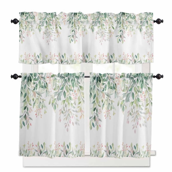 Rattails Leaves Kitchen Curtains Valances and Tiers Set of 3, 24 Inch Length Tier Curtains and Valance Rod Pocket Valance Curtains Set for Kitchen Bathroom Small Windows