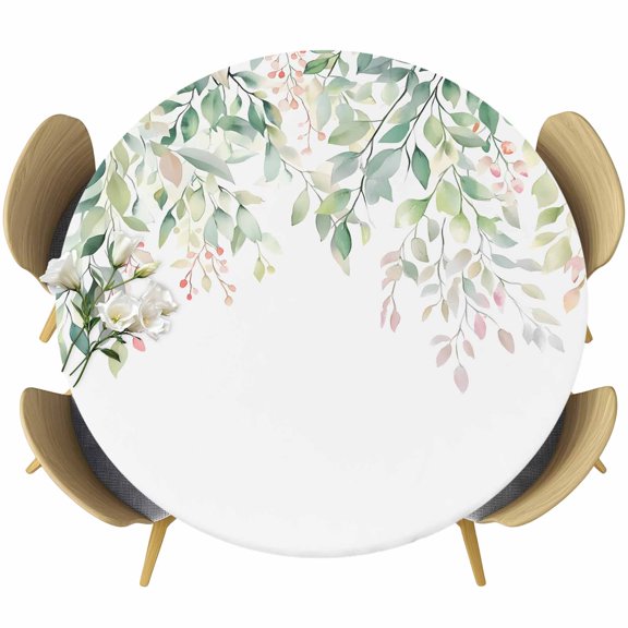 Rattails Leaves Round Fitted Table Cover Vines Branch Plants Gradient Watercolor Waterproof Table Cloth with Elastic Edge Wipeable Tablecloth for Picnic Camping Party Fits 36"-44" Diameter