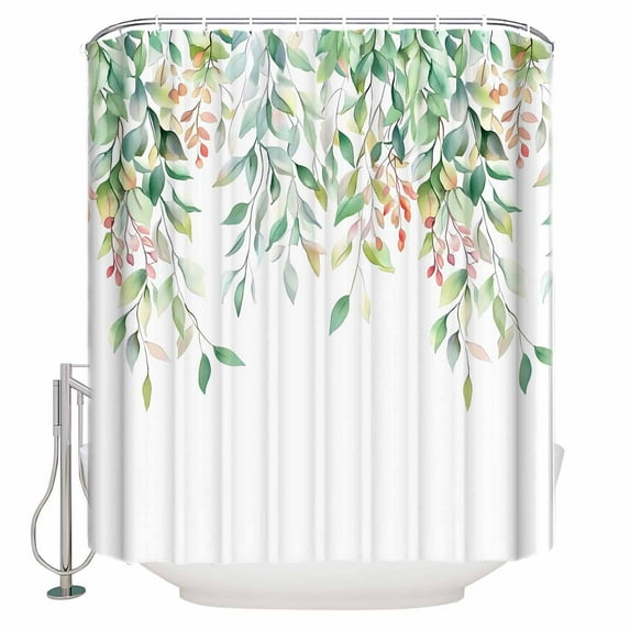 Rattails Leaves Shower Curtain, 72" x 72", Vines Branch Plants Watercolor Waterproof Bathroom Curtain Washable Shower Curtain Set with 12 Hooks