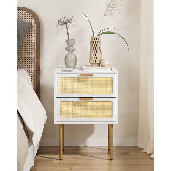 Rattan 2-Drawer Bedside Table for Bedroom, Gold Frame Accent Side Table, Compact Nightstand for Living Room & Bedroom