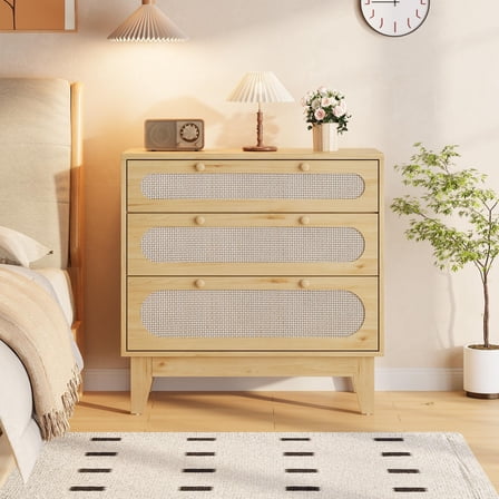 Rattan 3 Different Drawer Dresser for Bedroom, Wood Drawers Storage Cabinet Dresser for Living Room, Hallway
