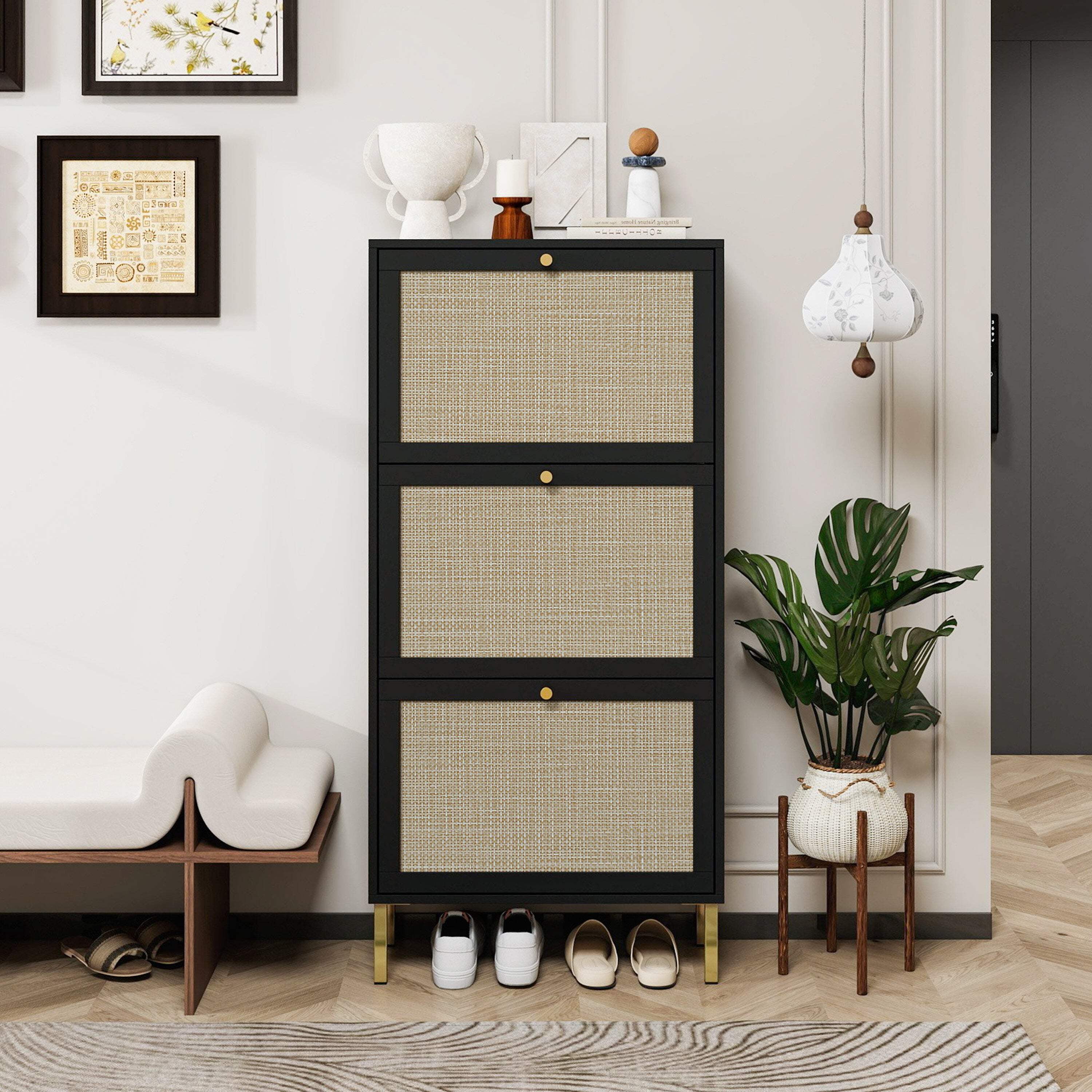 Rattan 3 Door Shoe Rack, Freestanding Modern Shoe Storage Cabinet, For ...