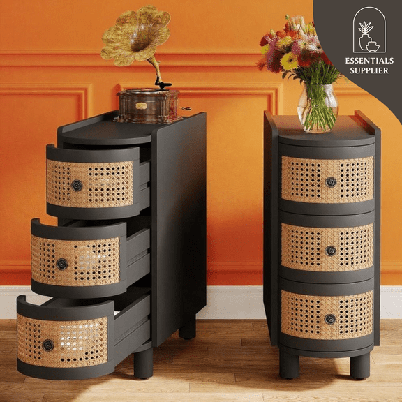 Rattan 3-Drawer Coffee Table with Vintage Metal Handles Rustic Storage End Table