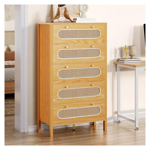 Rattan 5 Drawer Dresser, 47" Tall Boho Chest of Drawers with Golden Handles, Wood Dresser for Bedroom, Entryway, Holds 300lbs, Oak Finish 15.7"D x 28.7"W x 47.2"H (5 Drawers)