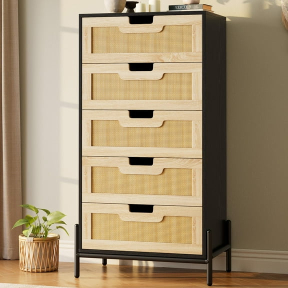 Rattan 5 Drawer Dresser, Large Natural Wood Chest of Drawers with Oak Finish, Boho Rattan Bedroom Furniture for Bedroom