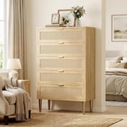 Rattan 5 Drawer Dresser,Natural Oak Modern Chest of Drawers with Gold Legs and Gold Handles, Tall Dresser with Large Tabletop and Anti-Tipping Design for Bedroom Living Room