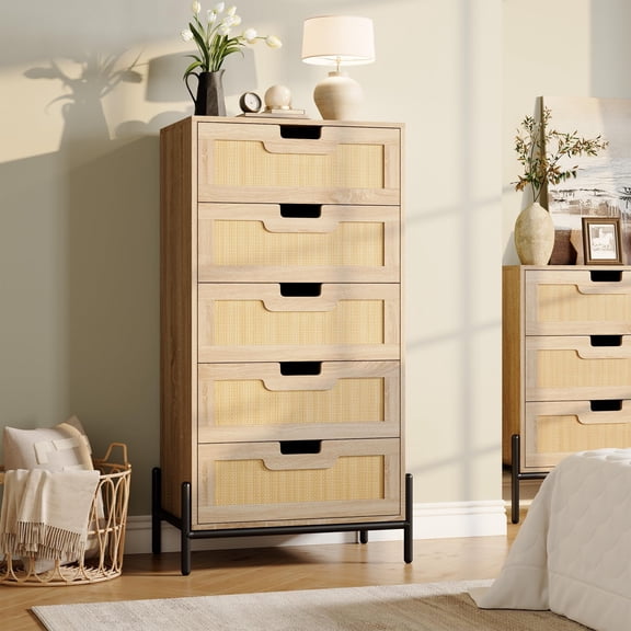 Rattan 5 Drawer Dresser for Bedroom, Farmhouse Storage Cabinet with Legs for Living Room
