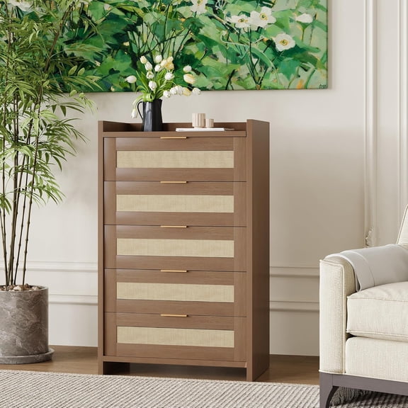 Rattan 5 Drawers Dresser for Bedroom, Chest of Drawers 46 in Tall Dresser for Closet, Boho Night Stand Large Clothes Storage Cabinet for Living Room Hallway Nursery Entryway- Caramel Oak
