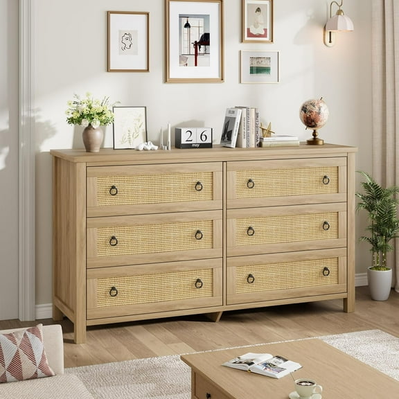 Rattan 6-Drawer Dresser – 47.2" Wide Boho Storage Chest for Bedroom, Nursery, or Living Room with Stylish Design and Ample Space, Natural