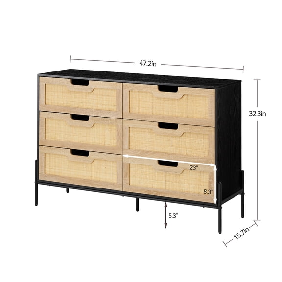 Rattan 6 Drawer Dresser, 47'' Farmhouse Chest of Drawers, Modern Wooden Dresser with Metal Legs, Large Wide Drawer Dresser for Bedroom, Living Room, Entryway, Black