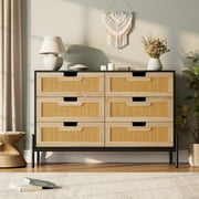Rattan 6 Drawer Dresser for Bedroom, Modern Farmhouse Wooden Storage Cabinet with Legs, Dressers & Chests of Drawers for Bedroom, Living Room, Hallway Office