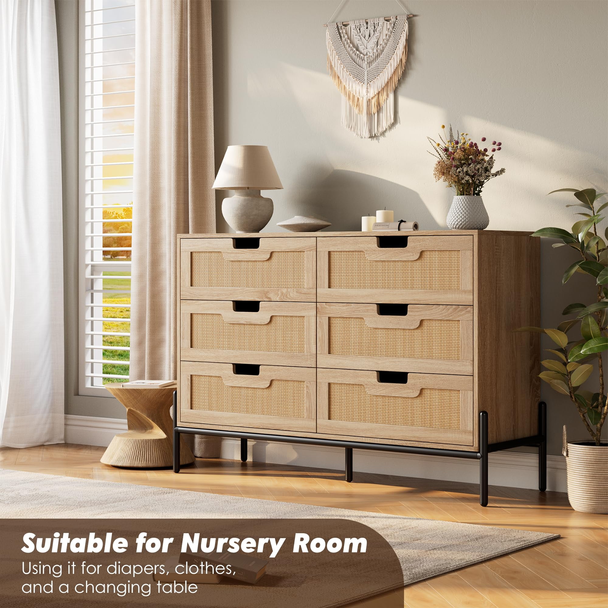 Rattan 6 Drawer Dresser for Bedroom, Modern Farmhouse Wooden Storage ...