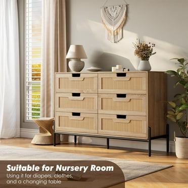 Rattan 6 Drawer Dresser for Bedroom, Modern Farmhouse Wooden Storage Cabinet with Legs, Dressers & Chests of Drawers for Bedroom, Living Room, Hallway Office