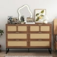 thumbnail image 1 of Rattan 6 Drawer Dresser Boho Dresser with Rattan Drawers Farmhouse Wood Storage Chest of Drawers for Bedroom, Living Room, Entryway, Walnut, 1 of 7