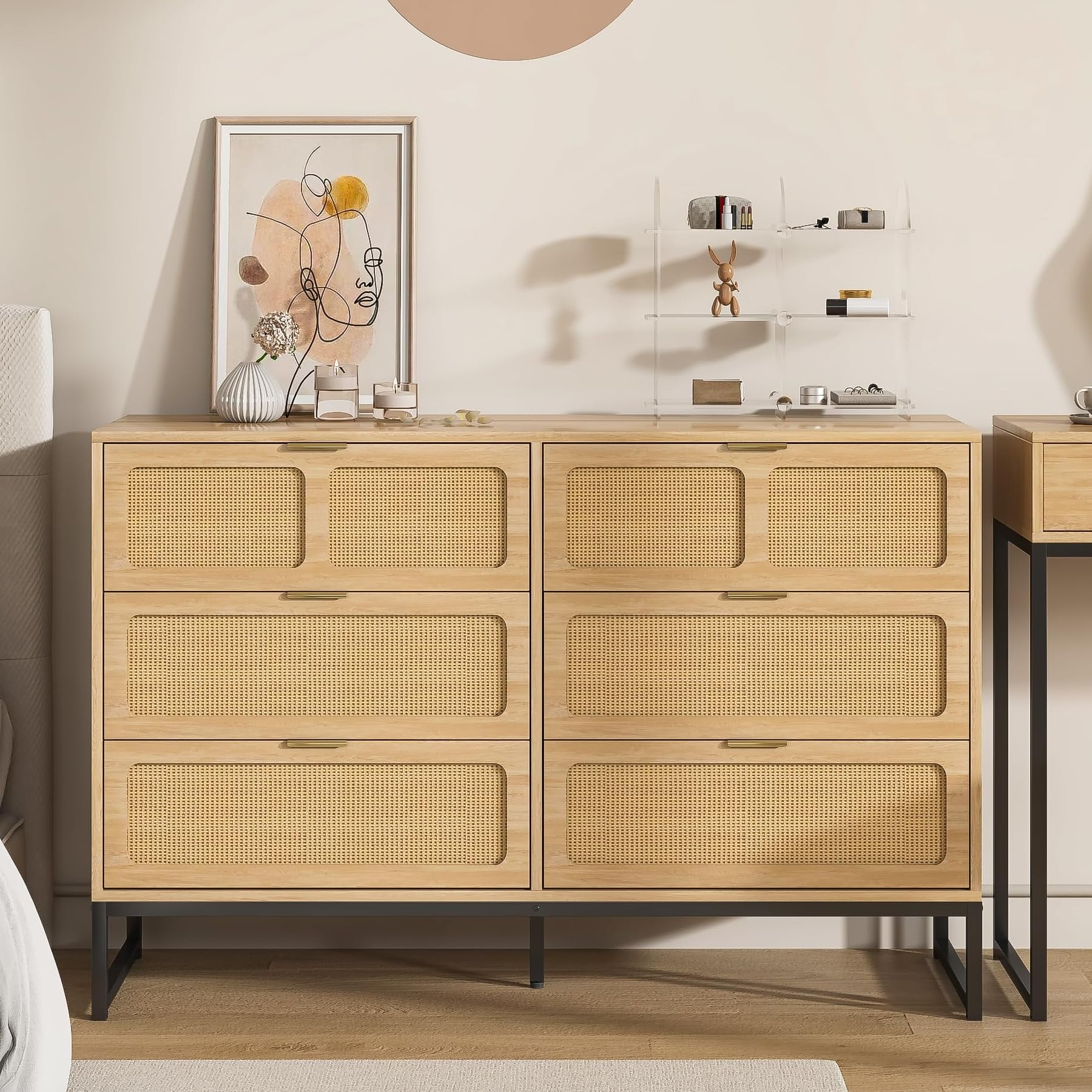 modern rattan dresser 6 Drawer - Tall Chest, Deep Storage, Long Wooden Cabinet for Entryway, Hallway, Kids Room or even your favorite bedside reads Wood Rattan Dresser with 6
