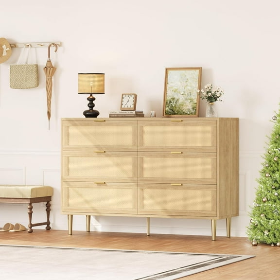 Rattan 6 Drawer Dresser, Farmhouse Wooden Chest Of Drawers With 5 Metal Legs, Golden Handles, Wide Double Drawer Dresser For Bedroom, Living Room
