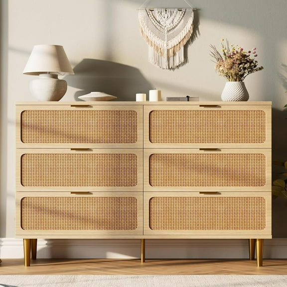 Rattan 6-Drawer Dresser, Large Double Dresser with Deep Drawers, Wooden Chest with Wide Top, Ideal for Bedroom, Living Room, Hallway, Natural
