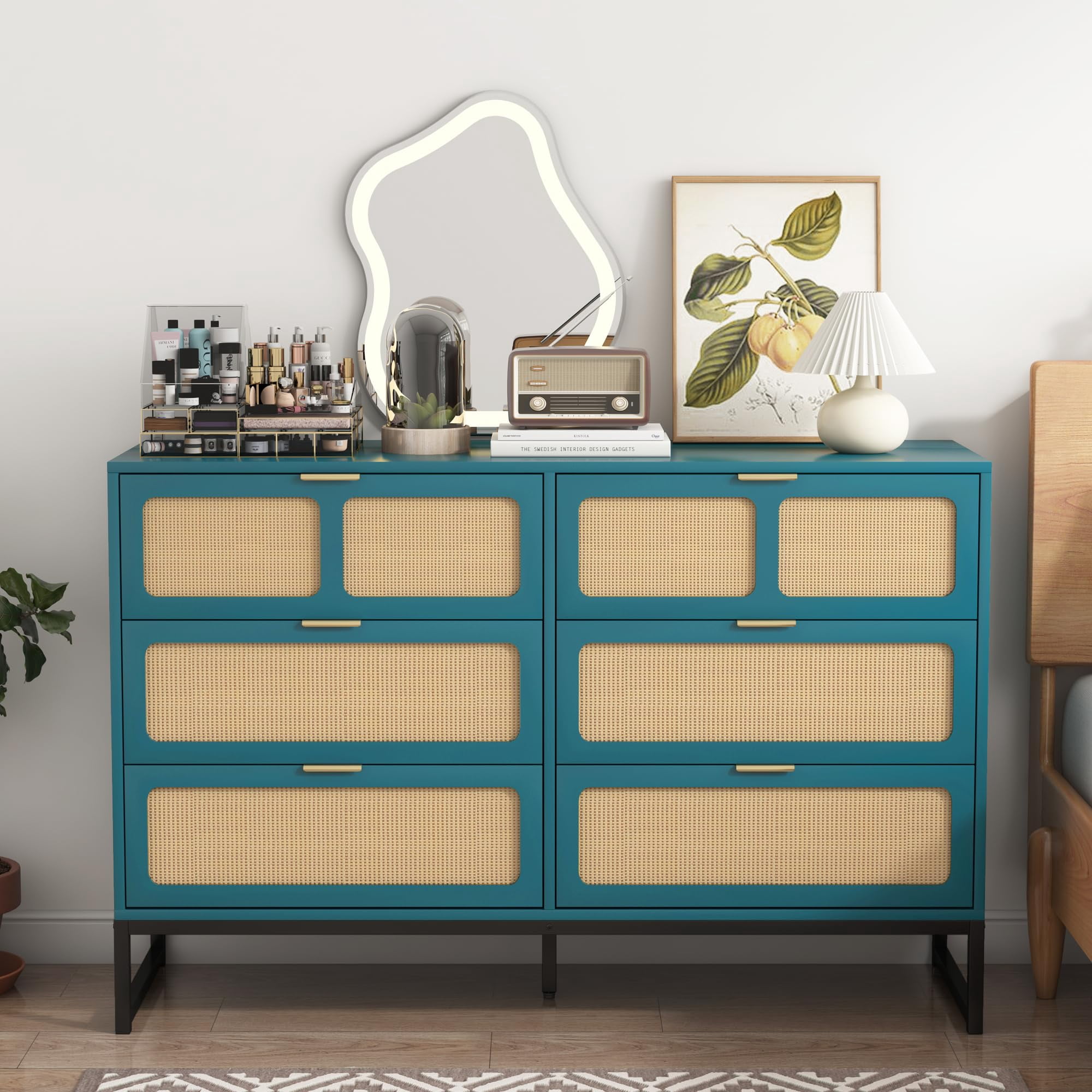 mid century boho dresser Rattan 6-Drawer Dresser, Modern, Farmhouse, Metal Legs, Bedroom Storage Rattan dresser