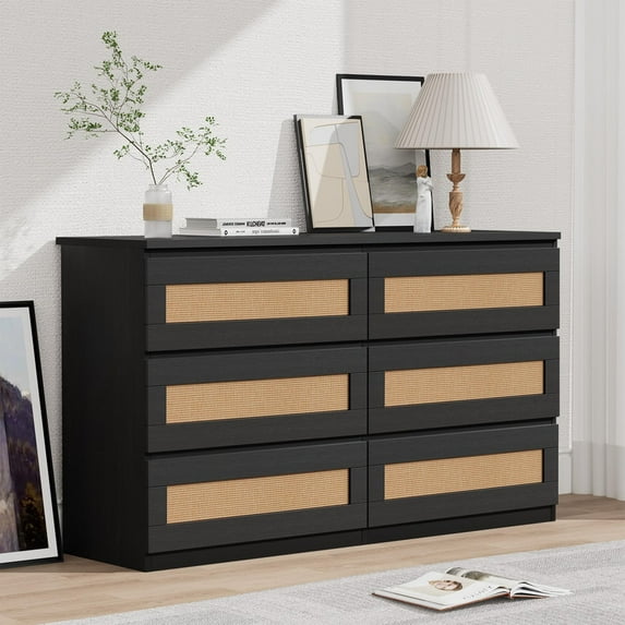 Rattan 6-Drawer Dresser for Small Spaces, Slim Wooden Chest of Drawers for Entryway, Apartments