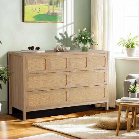 Rattan 6 Drawer Dresser with Metal Handles, Farmhouse Wood Storage Chest for Bedroom Living Room Hallway Entryway, Oak Finish