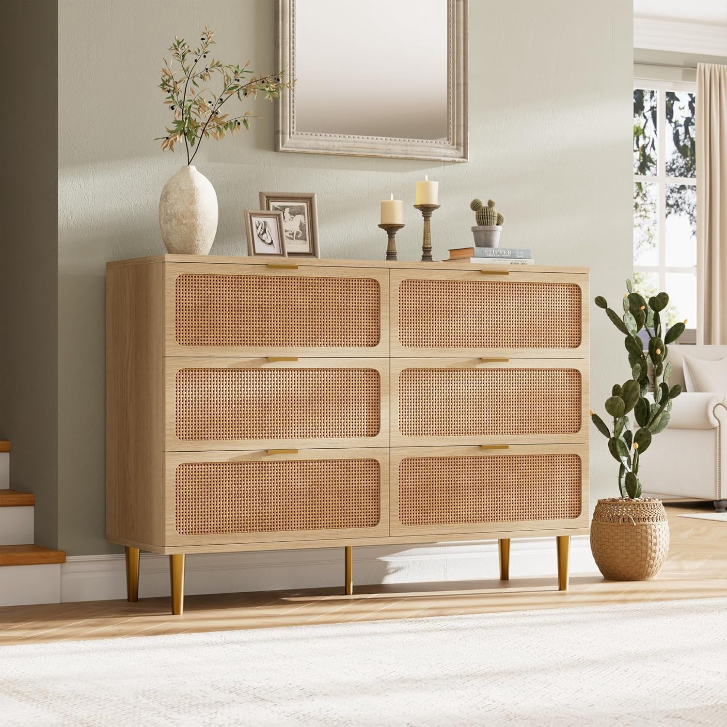 Multi Purpose Console Rattan 6 Drawer TV Stand, Large Wooden Media Console with Wide Storage ...