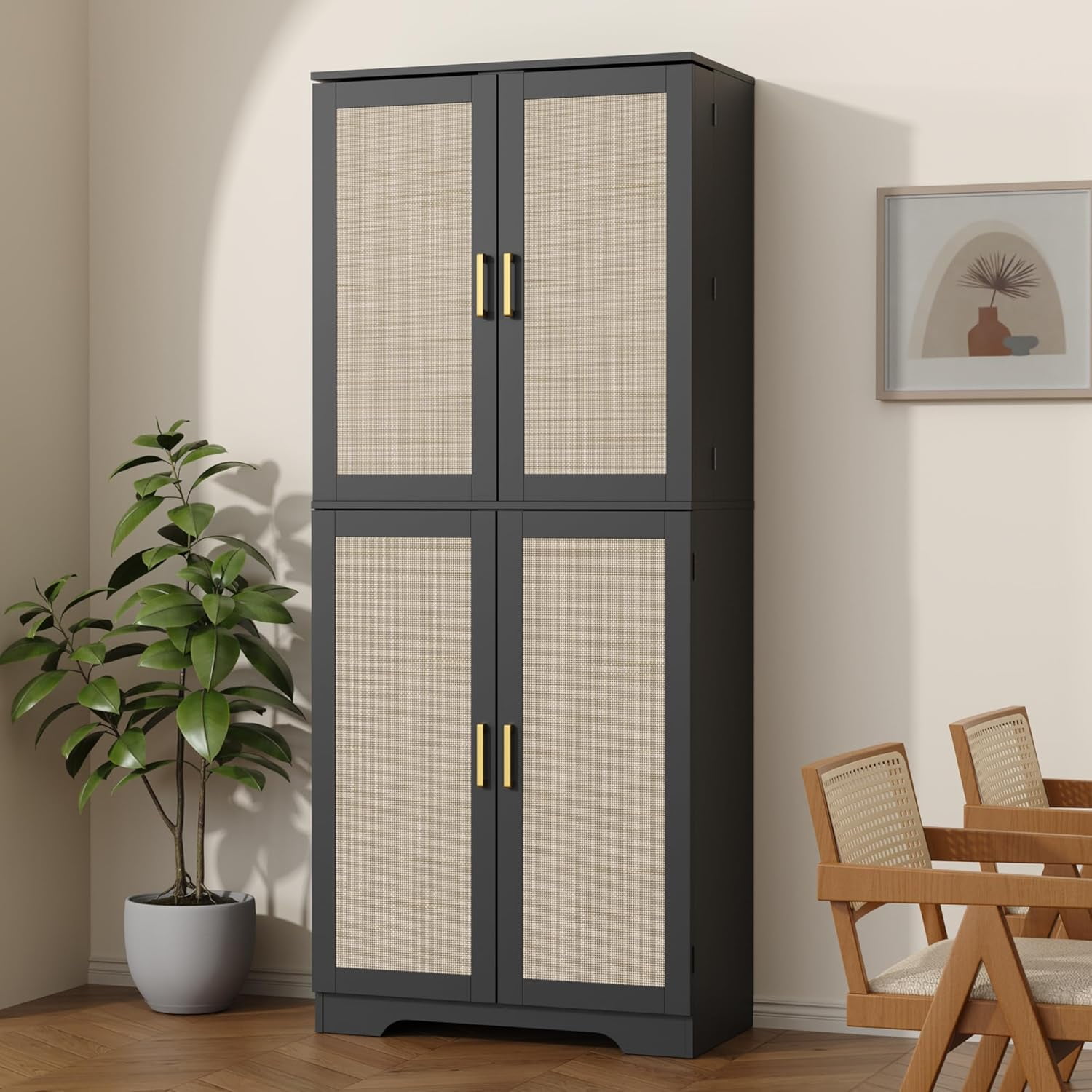 Rattan 72" Tall Kitchen Pantry Cabinet with 4 Doors, Boho Cabinet with ...