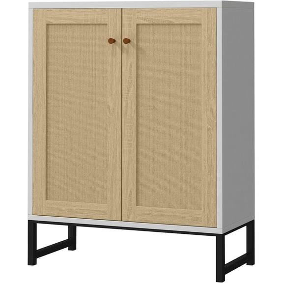 Rattan Accent Cabinet with 2 Doors, Storage Sideboard for Living Room, Kitchen Buffet Table in Natural Finish