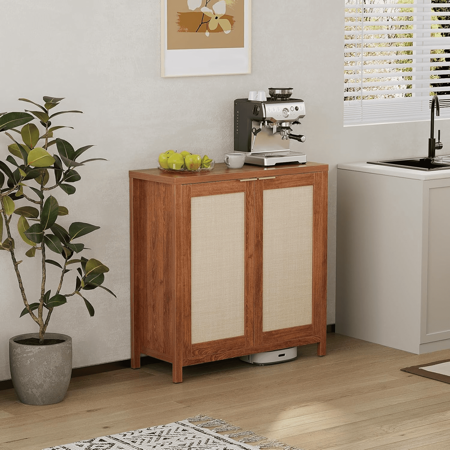 Brown Rattan Sideboard Buffet Storage Cabinet with Adjustable Shelves