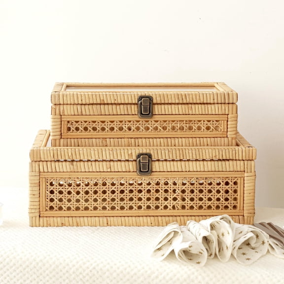 Rattan And Cane Stacking Boxes With Glass Top Lid - Set Of 2 For Boho Rustic Farmhouse Decor